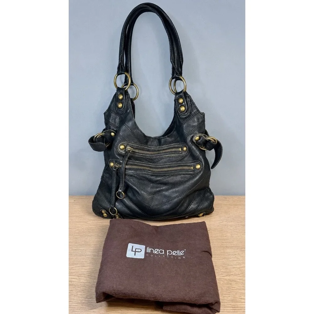 Y2K Linea Pelle Dylan Black Leather Multi Zip Hobo Bag Zebra Lining Dust Bag